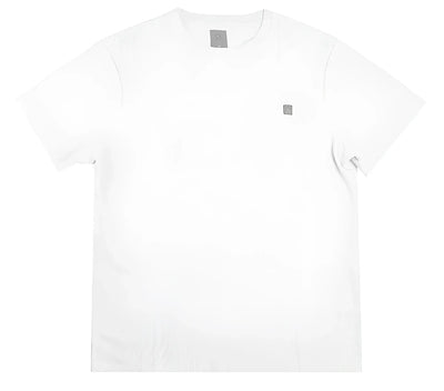 White short-sleeve crew neck shirt with vertical ribbed texture on plain background.