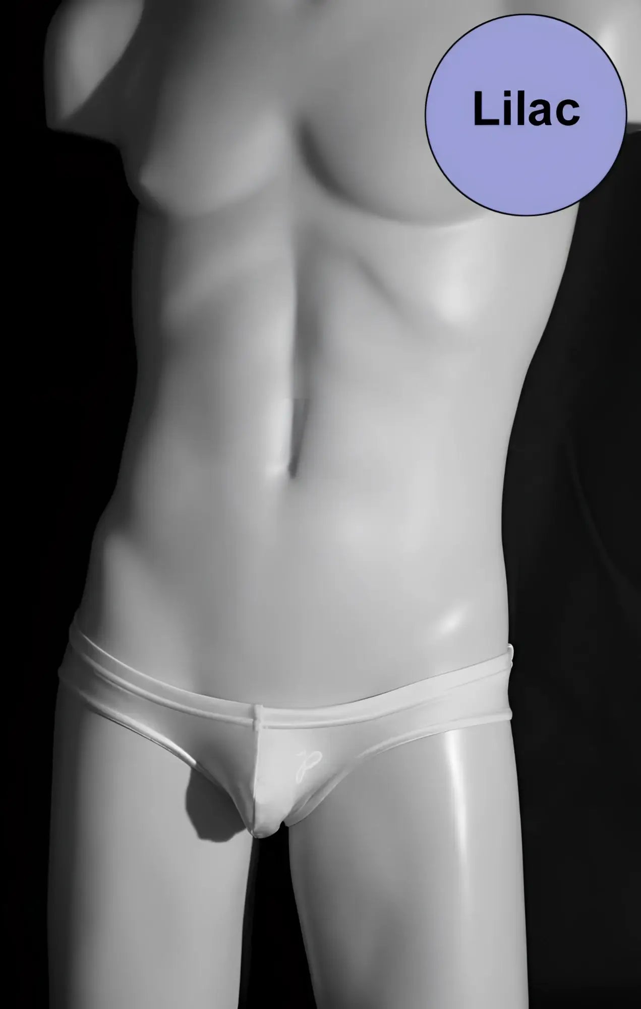 White bikini brief on a mannequin torso against a solid black background.