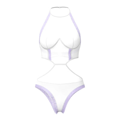 Magic Silk white cutout bodysuit with sheer mesh panels and lavender lace trim—silk-inspired intimate style for women.