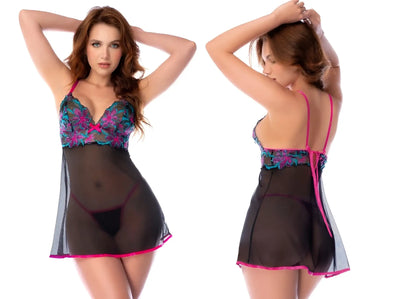 Mapale sheer black babydoll with pink floral embroidery and matching panty—new arrival women's lingerie design.