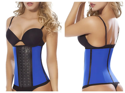 Moldeate blue waist cincher with hook closures—firm Colombian shapewear for a sculpted waist silhouette.