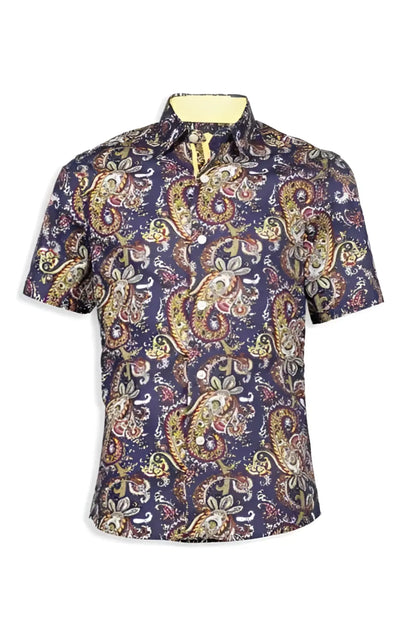 Short sleeve button-down shirt with purple paisley print and yellow interior collar.