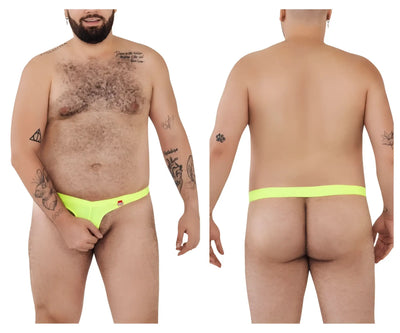 Tattooed man wears neon yellow thong underwear, shown from front and back.