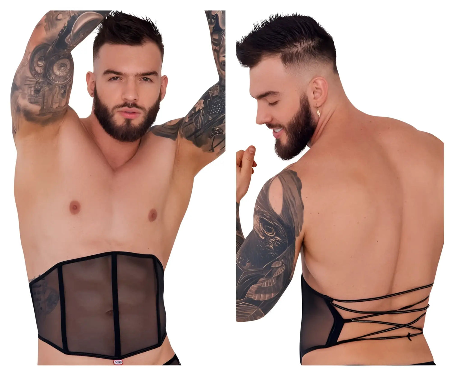 Tattooed man wears sheer black mesh waist corset against white background studio.
