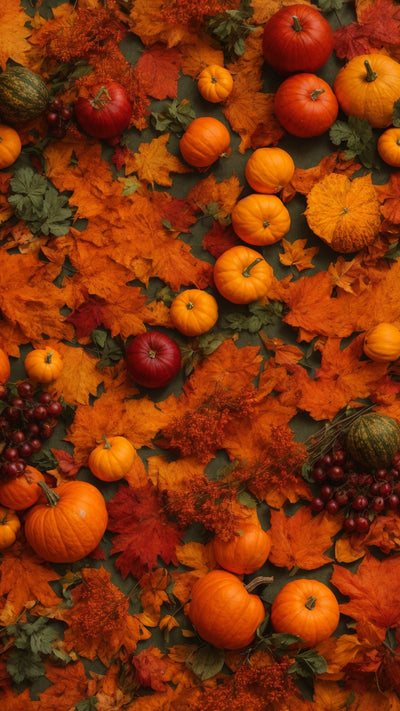 A vibrant autumn flat lay with orange red and yellow maple leaves pumpkins apples and dark berries fall winter collection