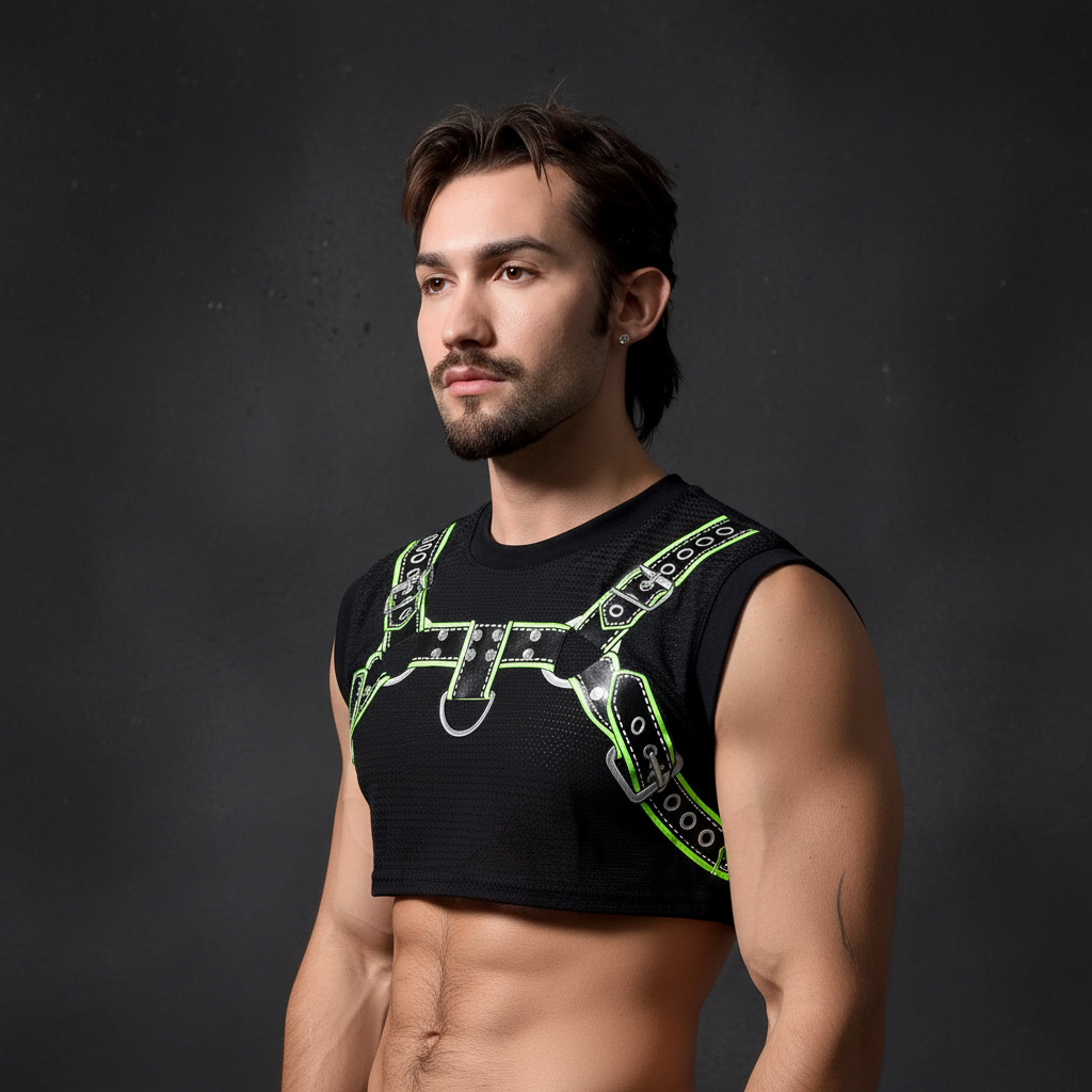 Black sleeveless top with neon green leather straps and silver hardware from sstricks apparel collection