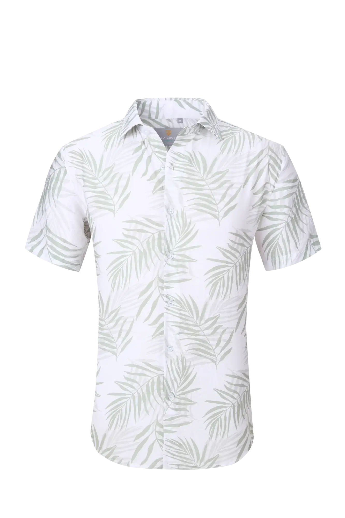 Short-sleeve button-down shirt featuring a white base with green palm print.