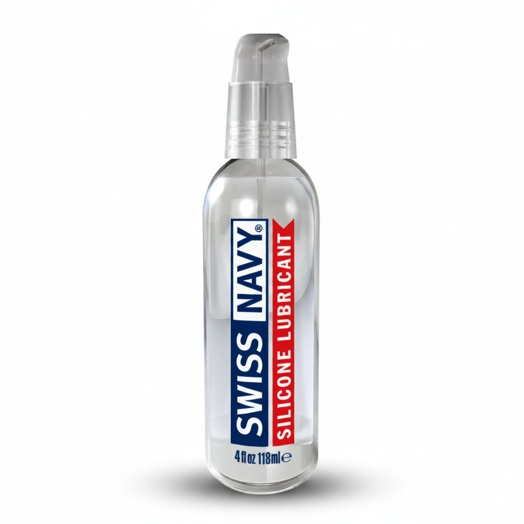 Clear glass bottles with silver spray nozzles and blue and red swiss navy silicone lubricant labels in a collection