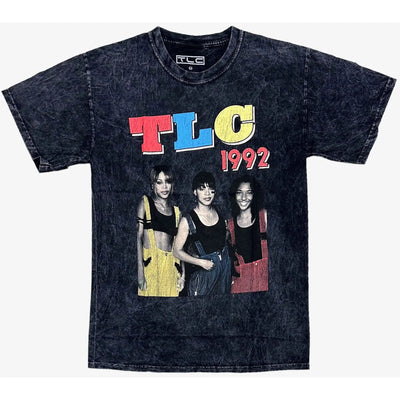 Black acid wash crewneck t-shirt featuring a vintage colorful music group graphic.