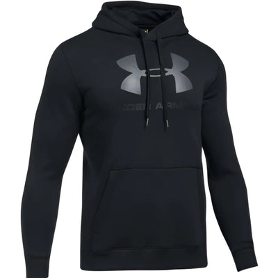 Black pullover hoodie with front kangaroo pocket and drawstrings on white background.