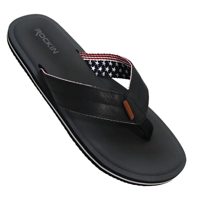 Stars and stripes slide sandal with American flag strap design on white background