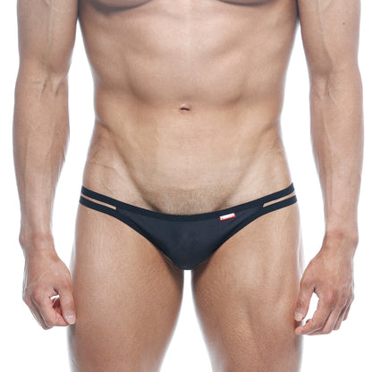 MetroMaleWear medio thong black 0002-20 black mesh briefs with two thin horizontal stripes on the waistband