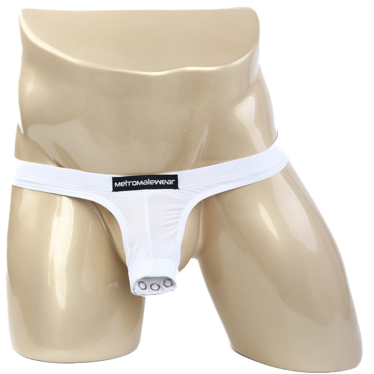 White metromalewear suspensory thong with black brand label and three silver grommets at leg opening