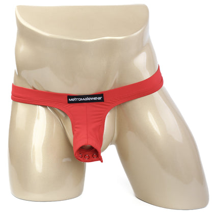 Metromalewear suspensory red thong made of stretchy fabric with front button closure for men