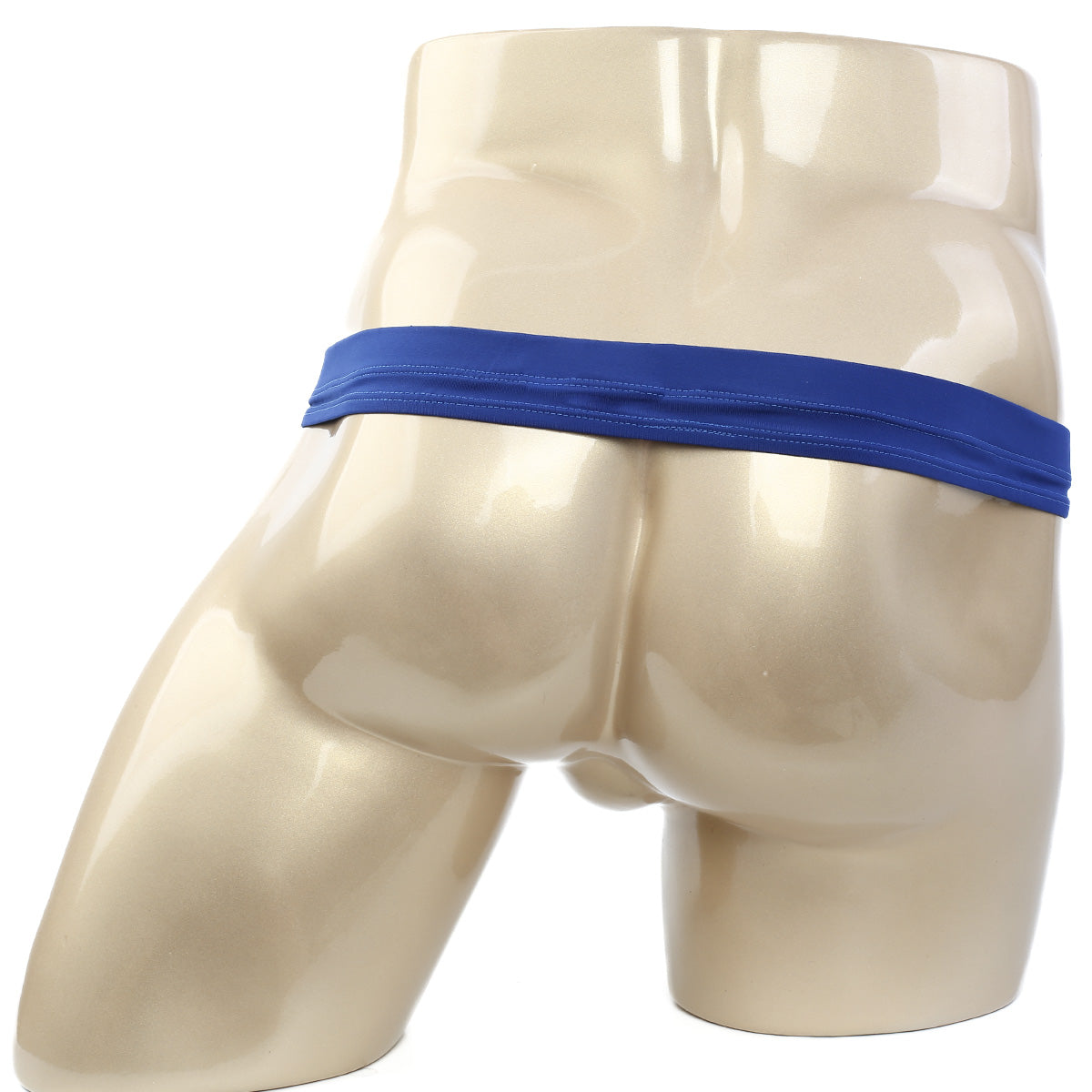 MetroMalewear suspensory royal blue briefs with blue elastic waistband displayed on a mannequin front view