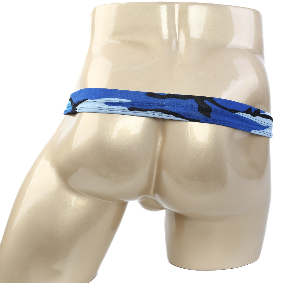 MetroMaleWear suspensory camo blue briefs in blue and black camouflage pattern displayed on a mannequin