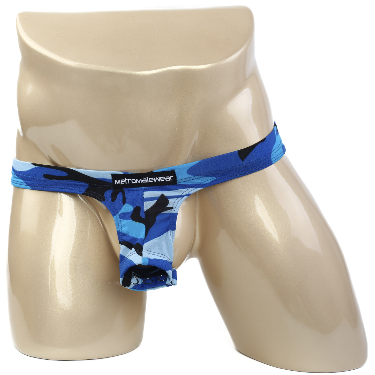 Blue and black camouflage patterned men’s thong by MetroMaleWear featuring suspensory design for comfort and style