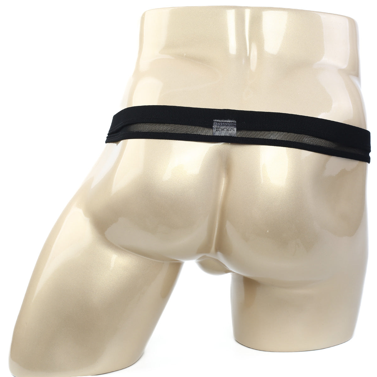 MetroMaleWear suspensory black mesh briefs with solid black elastic waistband in a sleek modern design
