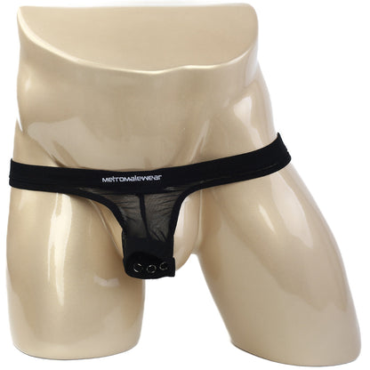 Black mesh thong with solid black waistband featuring metromalewear brand name in white letters front view