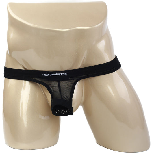 Black mesh thong with solid black waistband featuring metromalewear brand name in white letters front view