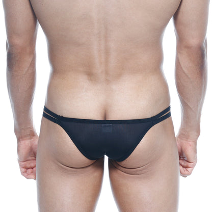 Back view of metro male wear medio bikini black sheer mesh thong with double elastic bands for men