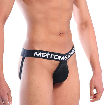 Black metromalewear thong with wide waistband featuring white lettering in cock bra jock strap style