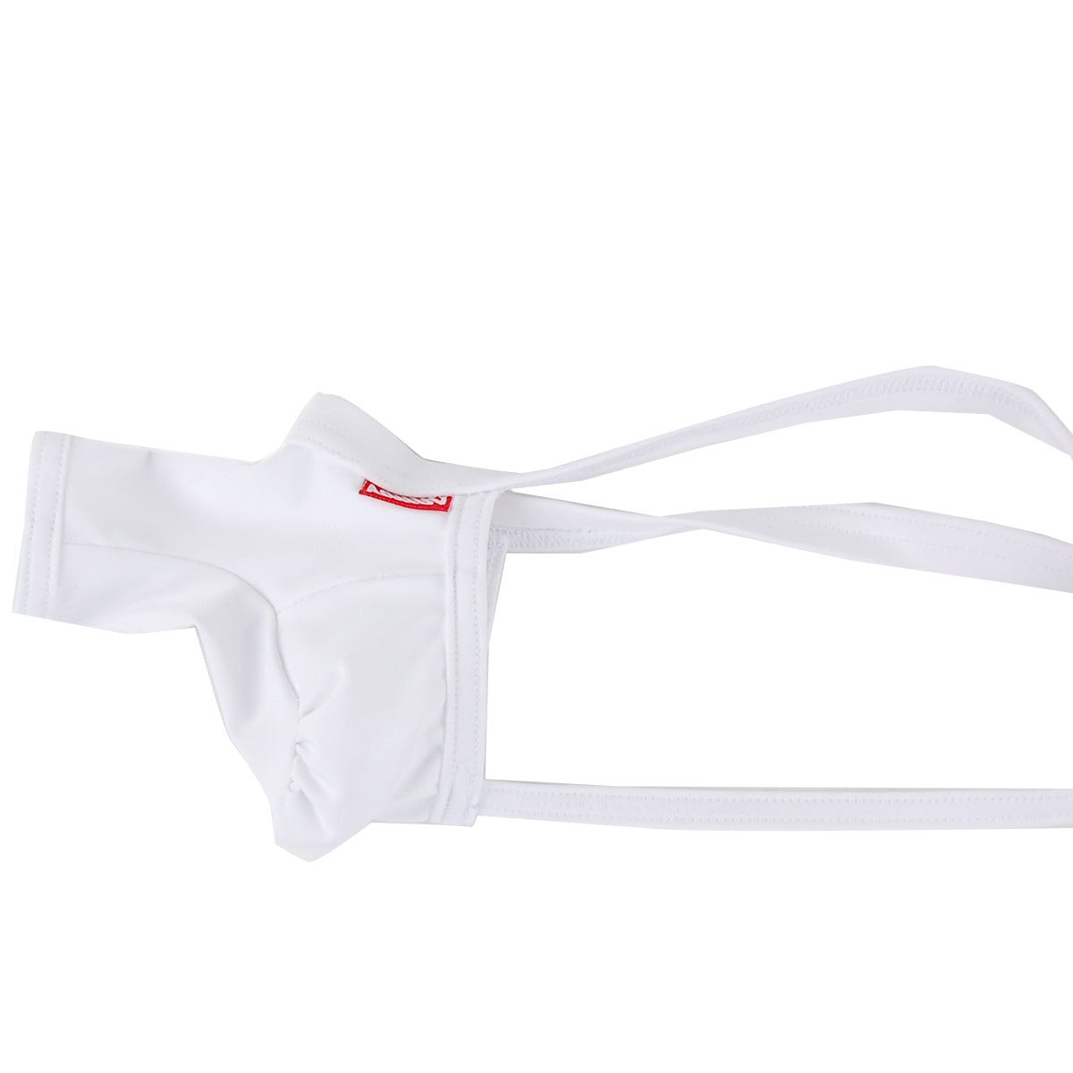 White fabric jockstrap with thin straps and small red logo on waistband from metromalewear 3d chaps thongs line