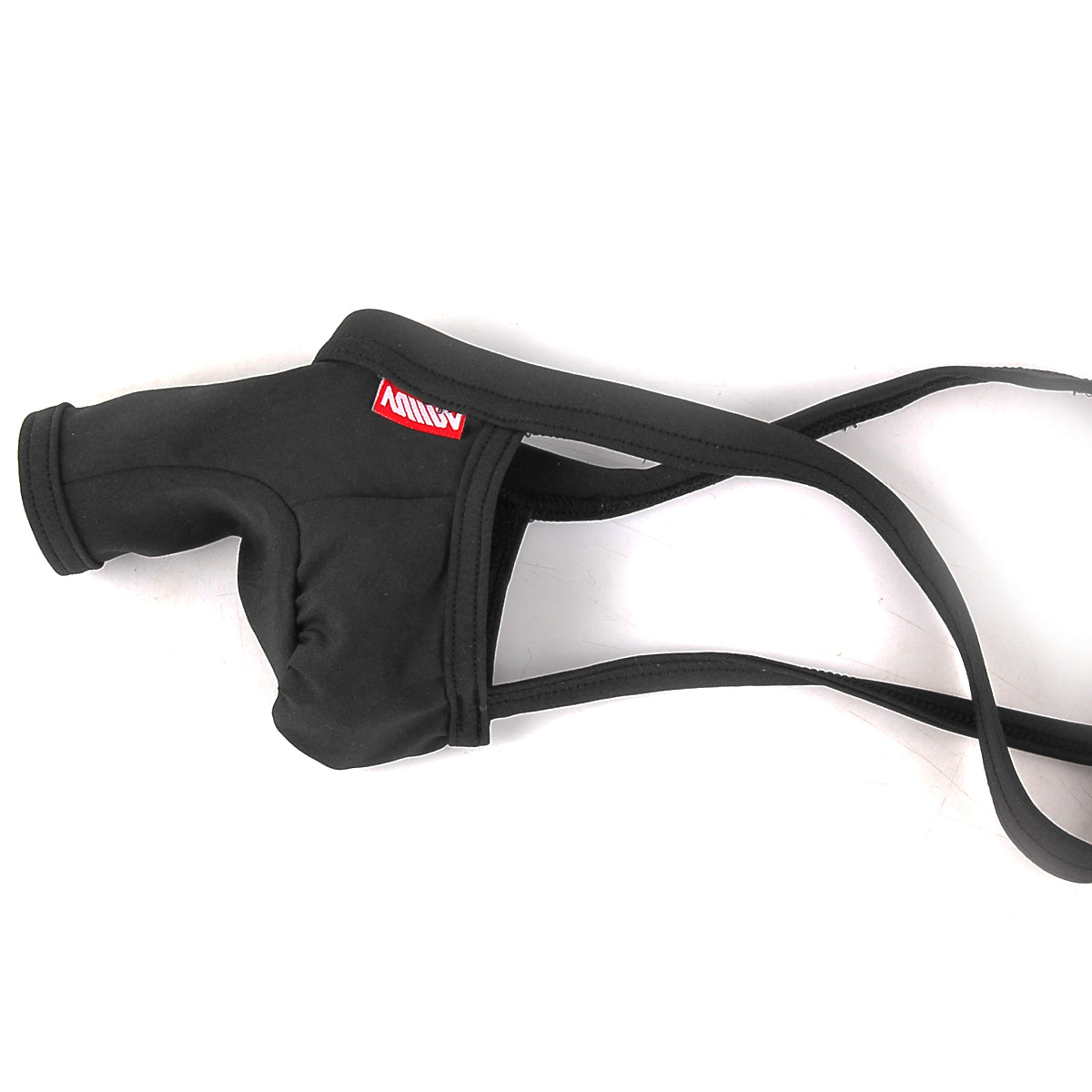 Black neoprene swim trunks with red aquav logo patch on side from MetroMaleWear 3D Chaps Thongs collection