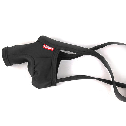 Black neoprene swim trunks with red aquav logo patch on side from MetroMaleWear 3D Chaps Thongs collection