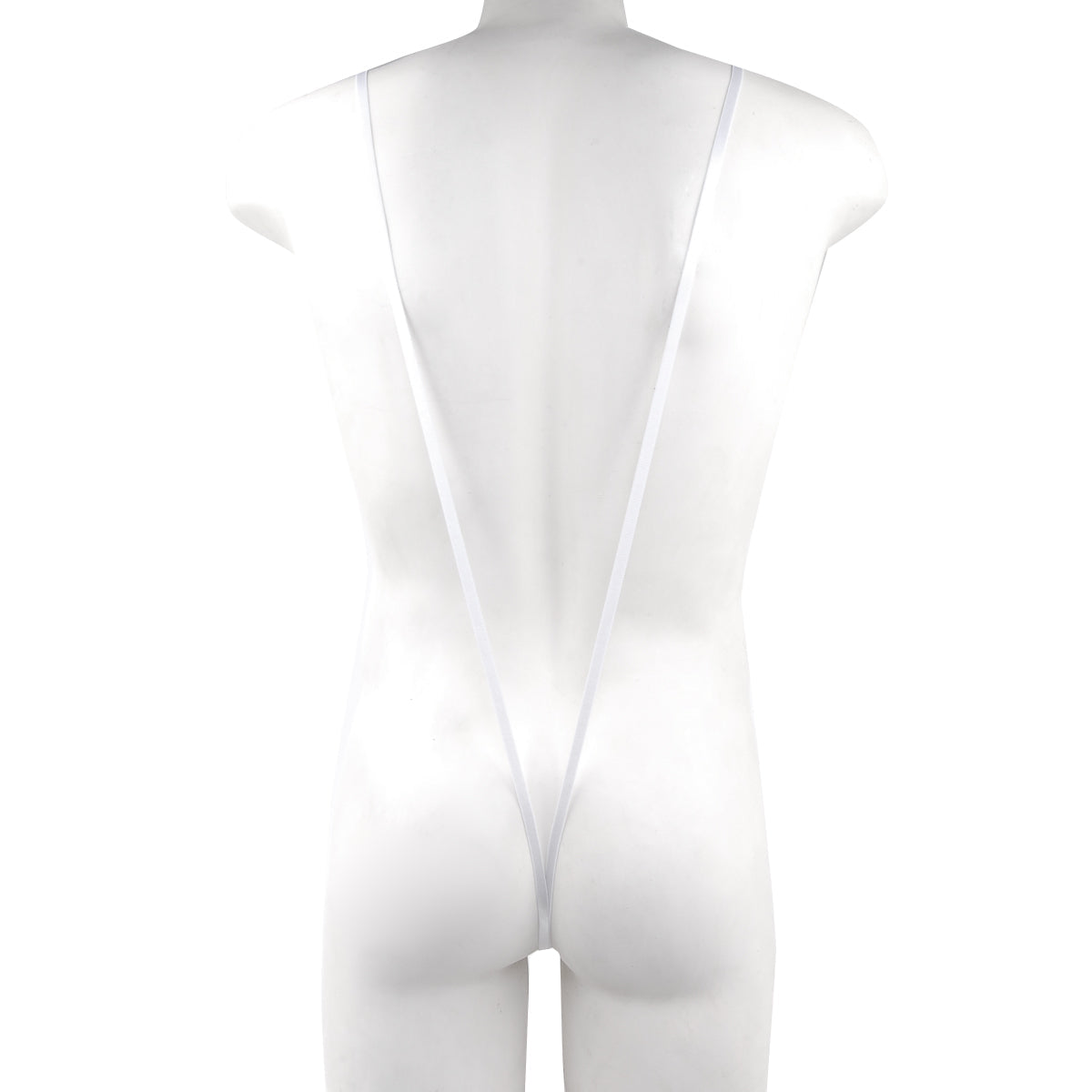 White sheer one-piece swimsuit with thin straps and a deep back cutout metroMaleWear Miami bodysuit white 0008-00 back view