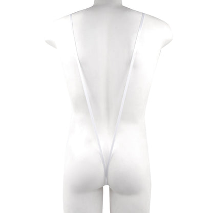 White sheer one-piece swimsuit with thin straps and a deep back cutout metroMaleWear Miami bodysuit white 0008-00 back view