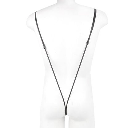 Black leather strap with adjustable metal clasps and white cylindrical attachment on metro malewear miami bodysuit black