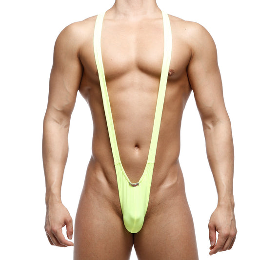 MetroMaleWear Kini neon green one-piece swimsuit with thin straps and low-cut front in vibrant lime green