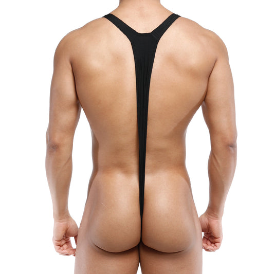 MetroMaleWear Kini Black 0009-20 black form-fitting y-back bodysuit in sleek stretchy material shown from the back