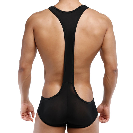 Back view of black MetroMaleWear Acme singlet with racerback design and mesh panels for breathability