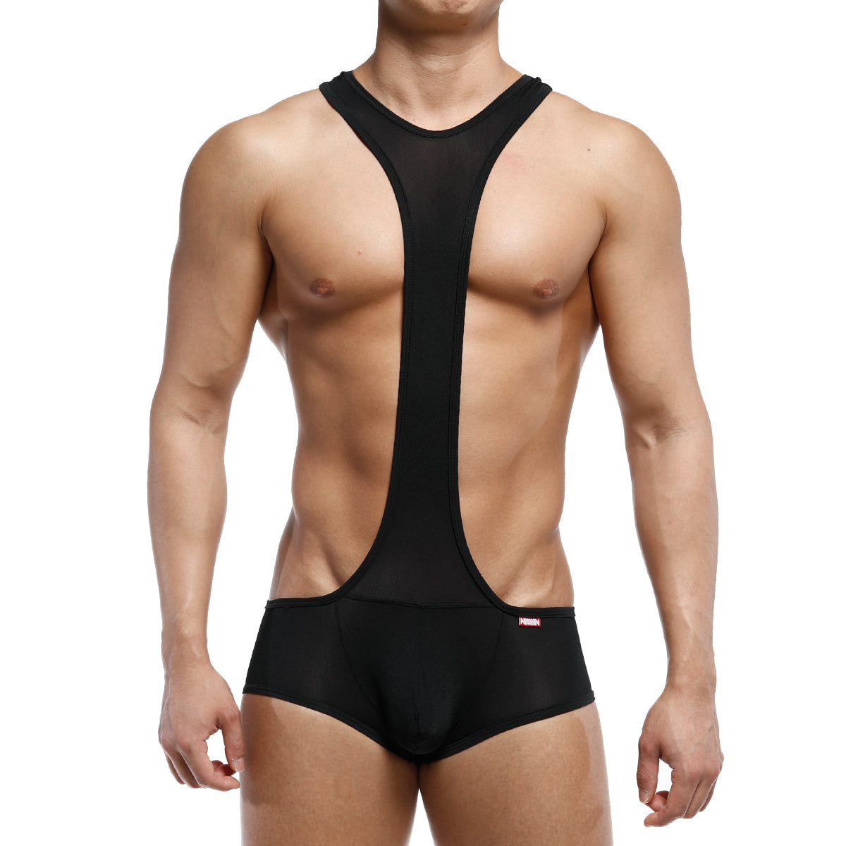 MetroMaleWear Acme Singlet black wrestling singlet with black mesh and fabric and a central y-back design shown from back side