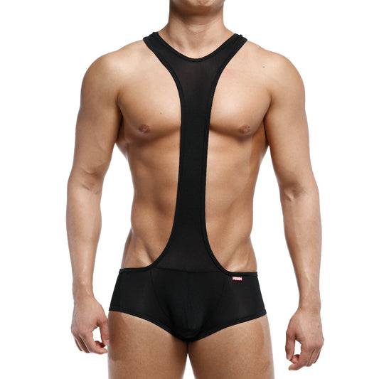 MetroMaleWear Acme Singlet black wrestling singlet with black mesh and fabric and a central y-back design shown from back side