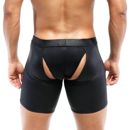 Black glossy leather briefs with cutout design at the back from MetroMaleWear leather chaps 0011 collection