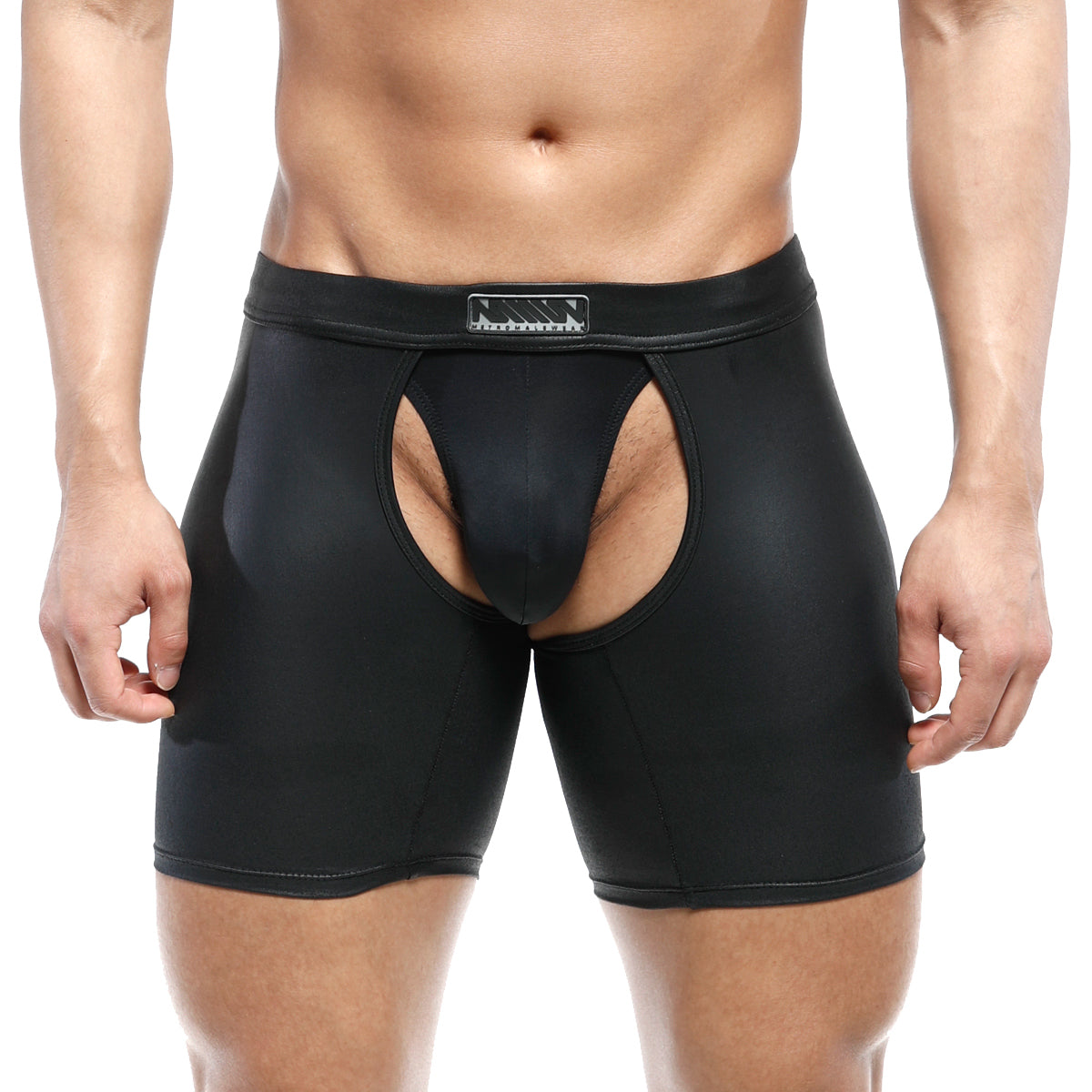 Black glossy faux leather MetroMaleWear Leather Chaps 0011 briefs with central cutout and logo patch on waistband