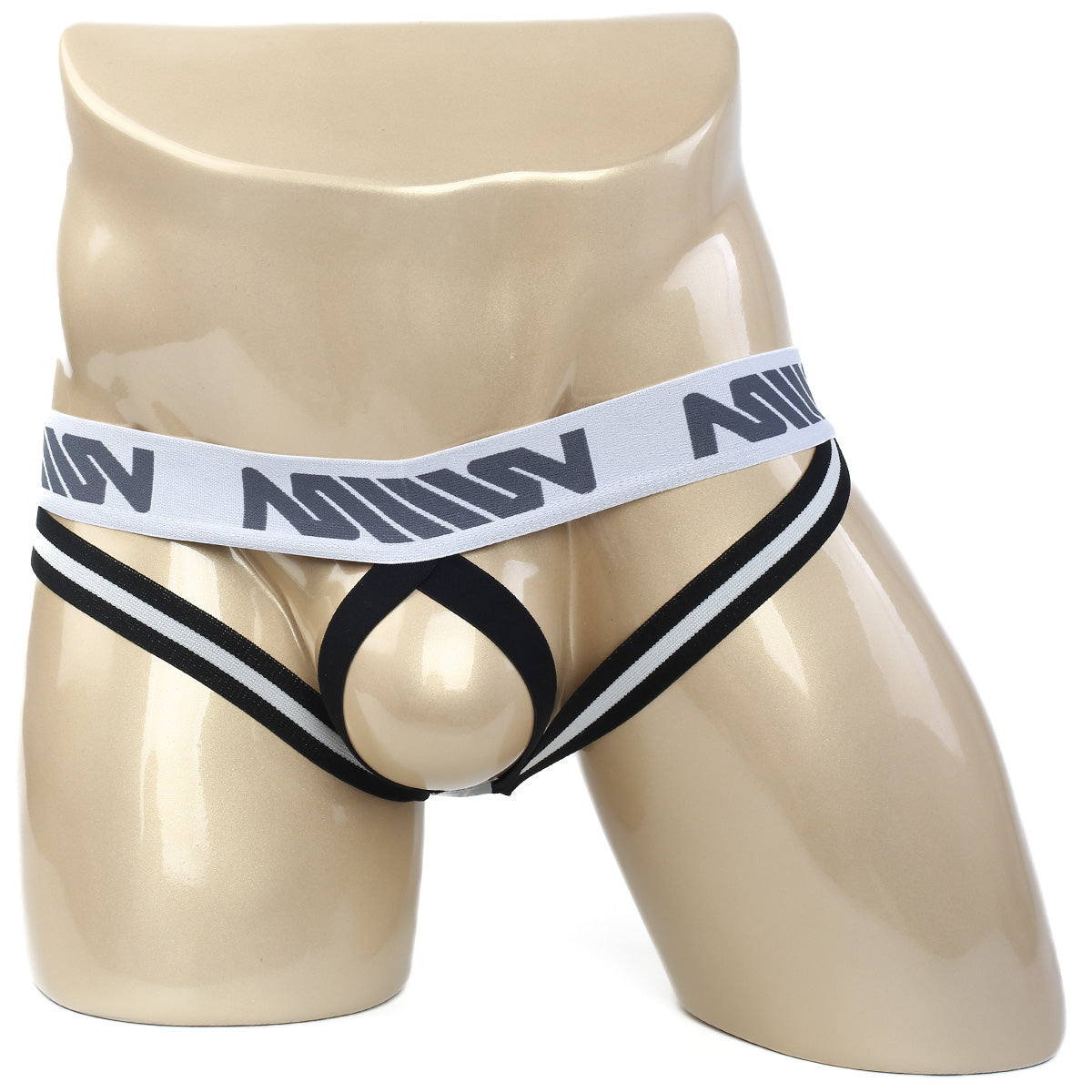 Black and white striped metro male wear ball lifter jock strap with branded waistband for men