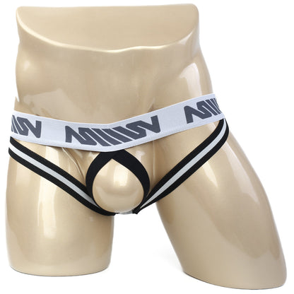 Black and white striped metro male wear ball lifter jock strap with branded waistband for men