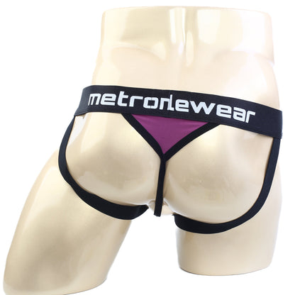 Metro male wear ball holder jock strap burgundy 0013-19 in black and purple with bold metronewear logo waistband