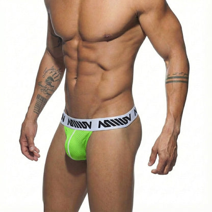 MetroMaleWear Genesis thong neon green mesh briefs with white elastic waistband and black lettering