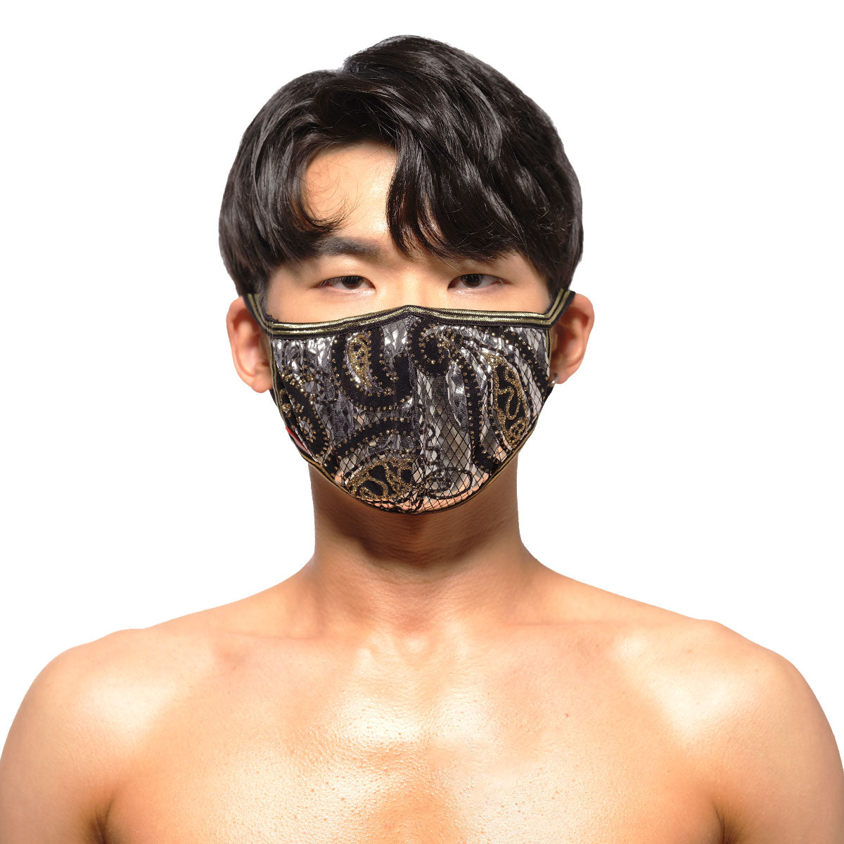 MetroMaleWear face mask metal paisley silver 0111-63 black and gold lace with intricate paisley patterns