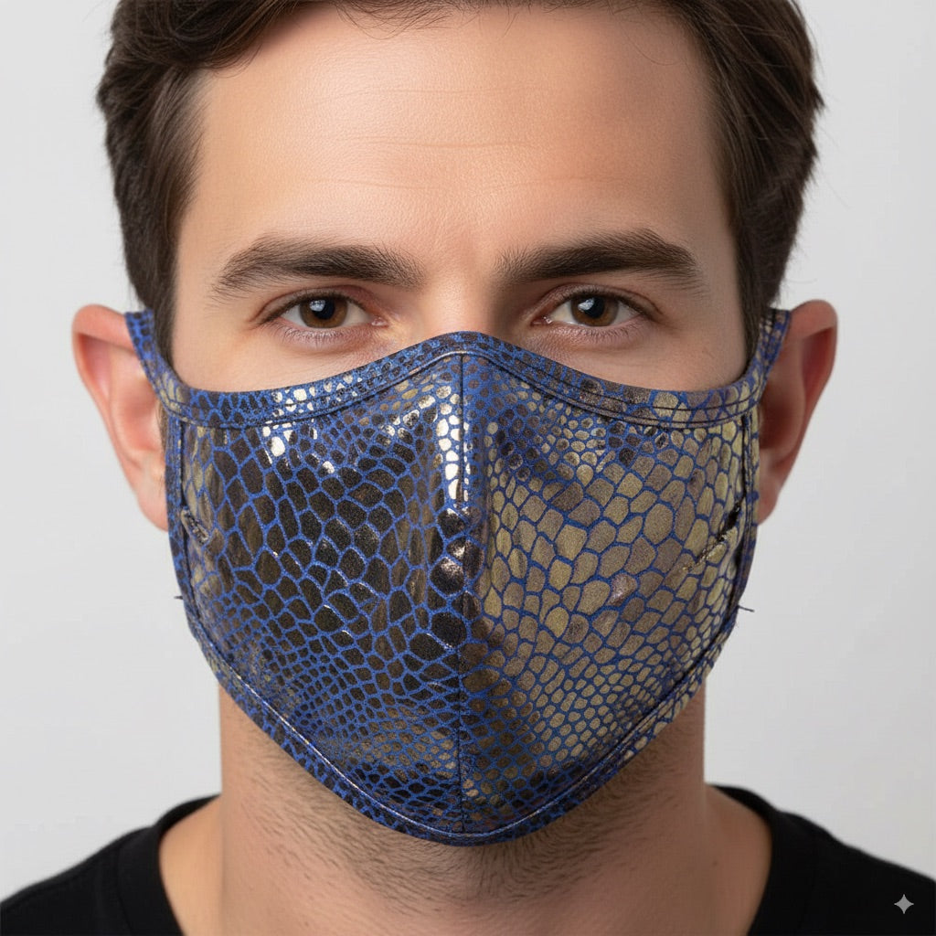 MetroMaleWear face mask dragon 0111-65 is a shimmering blue snakeskin patterned mask with a glossy textured finish