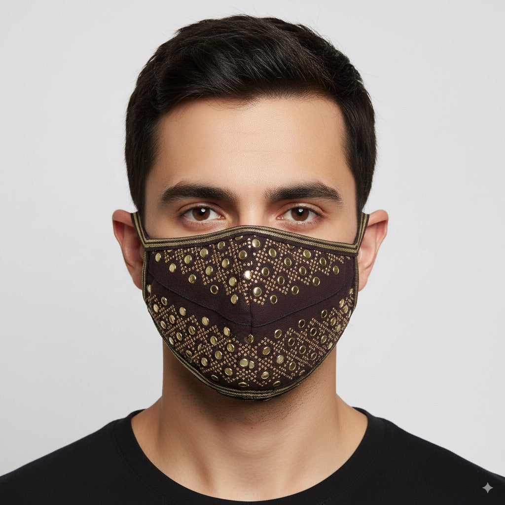 Brown face mask with gold-tone metallic studs in a geometric pattern and matching trim by MetroMaleWear