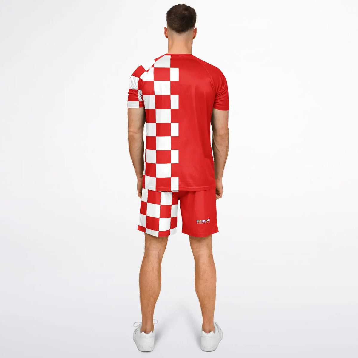 Men's red and white checkered shorts and matching top set made of lightweight fabric by Maris Equi shown from the back.