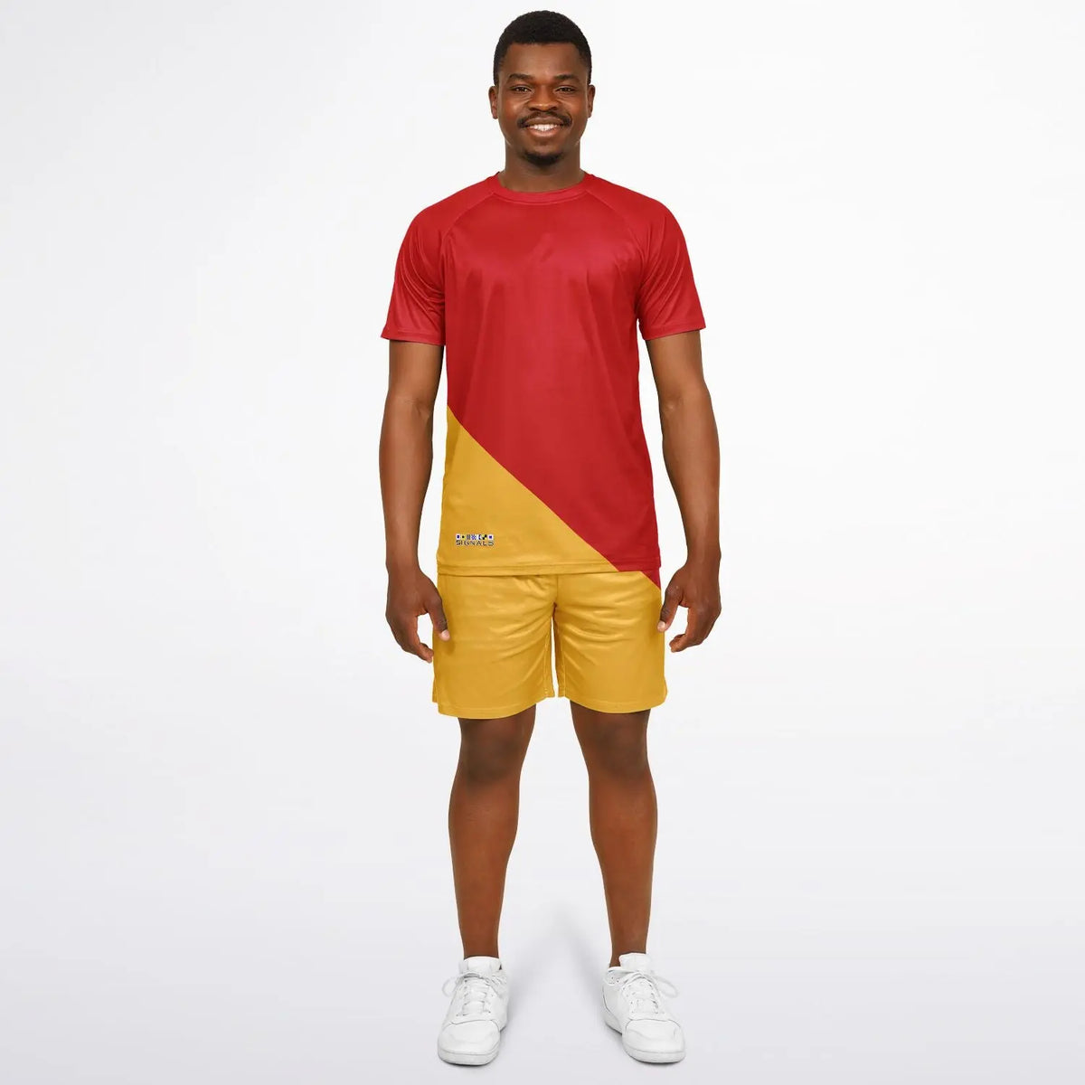 Men's red and yellow short-sleeve top and matching shorts set by Maris Equi featuring a color-block design.