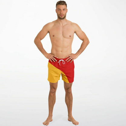 Men's swim shorts in red and yellow with a color-block design featuring an elastic waistband and drawstring by Maris Equi.