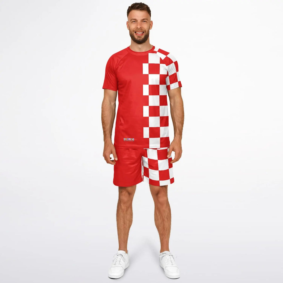 Red and white checkered shorts and matching top set made of lightweight material worn by a model by Maris Equi.